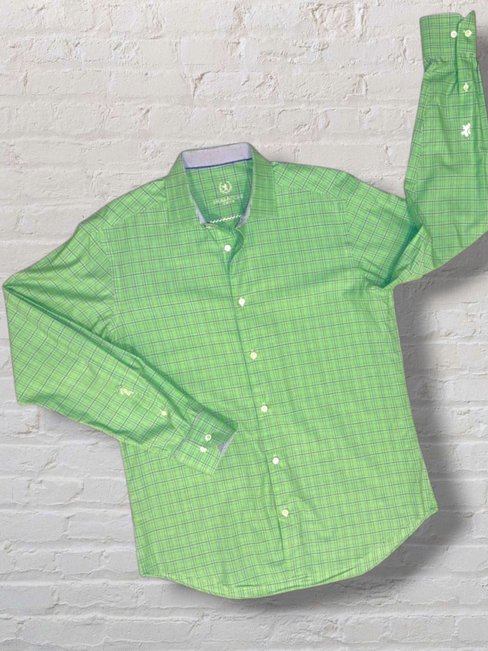 Bugatchi Uomo Men’s Dress Shirt 15.5 34/35 | Green & Blue Check | 100% Cotton